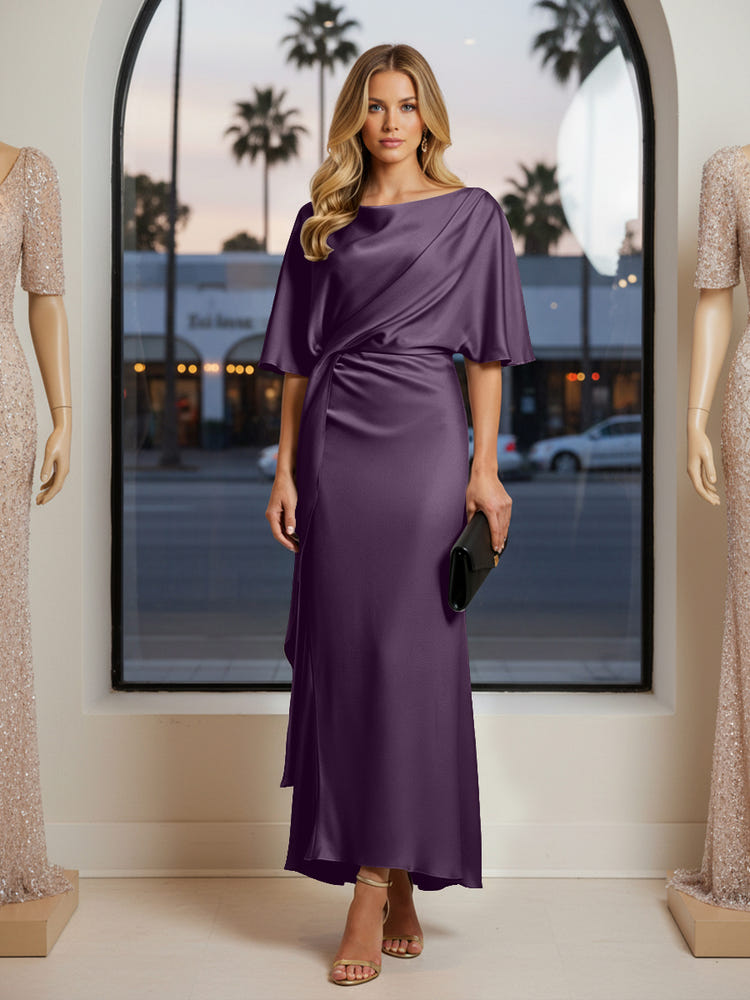 Round Neck Mermaid Satin Formal Dresses with Sleeves