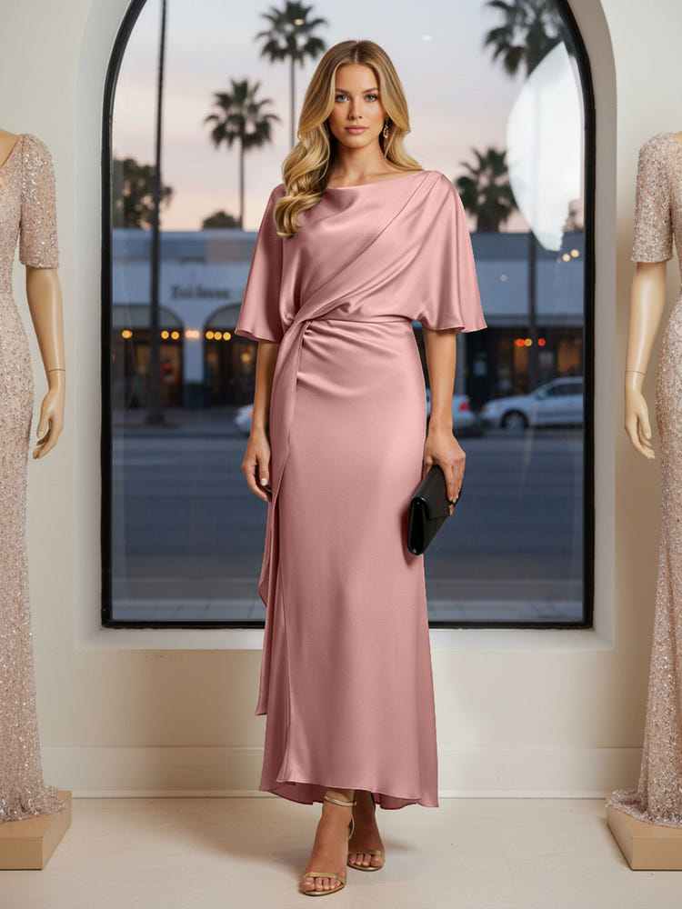 Round Neck Mermaid Satin Formal Dresses with Sleeves