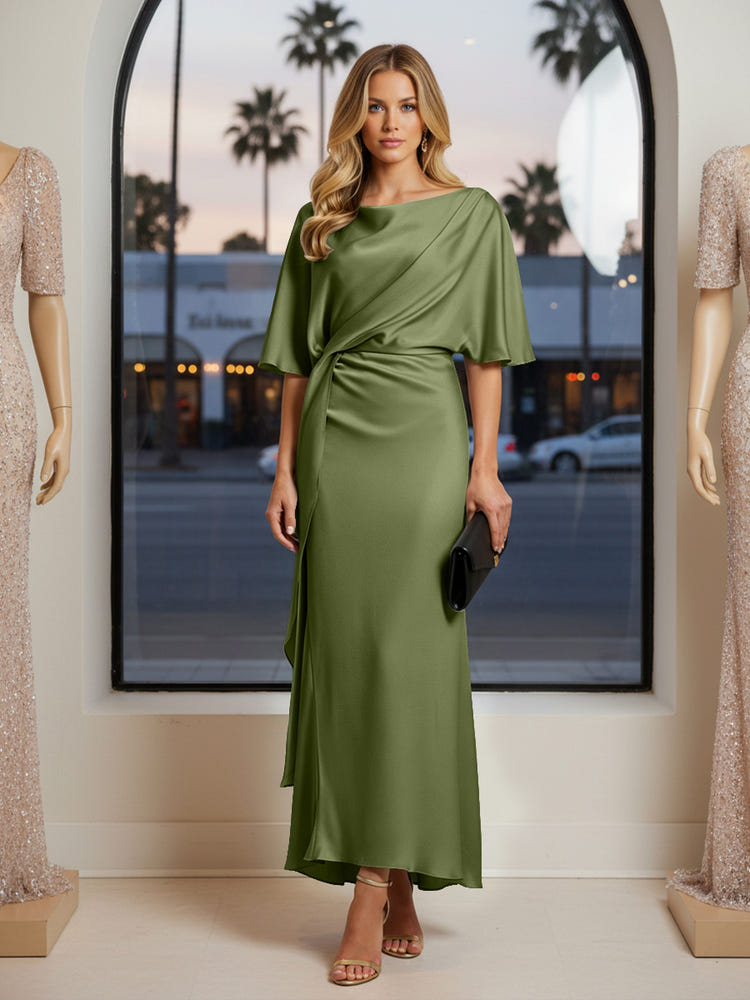 Round Neck Mermaid Satin Formal Dresses with Sleeves