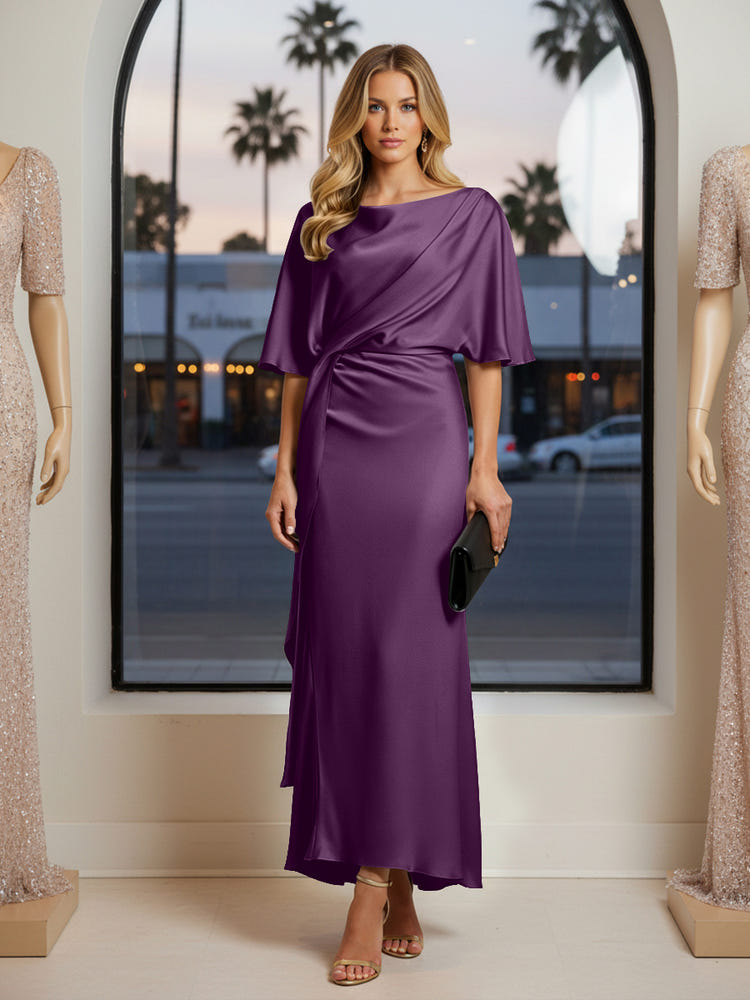 Round Neck Mermaid Satin Formal Dresses with Sleeves