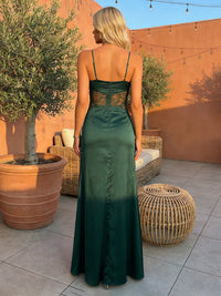 V-Neck Satin Lace Formal Dresses with Slit