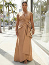 V-Neck Satin Short Sleeves Plus Size Formal Dresses with Bow