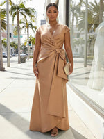 V-Neck Satin Short Sleeves Plus Size Formal Dresses with Bow