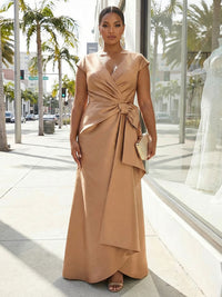 V-Neck Satin Short Sleeves Formal Dresses with Bow