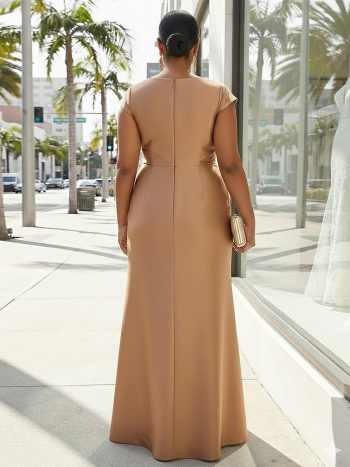 V-Neck Satin Short Sleeves Formal Dresses with Bow