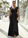 V-Neck Satin Short Sleeves Plus Size Formal Dresses with Bow