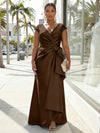 V-Neck Satin Short Sleeves Plus Size Formal Dresses with Bow