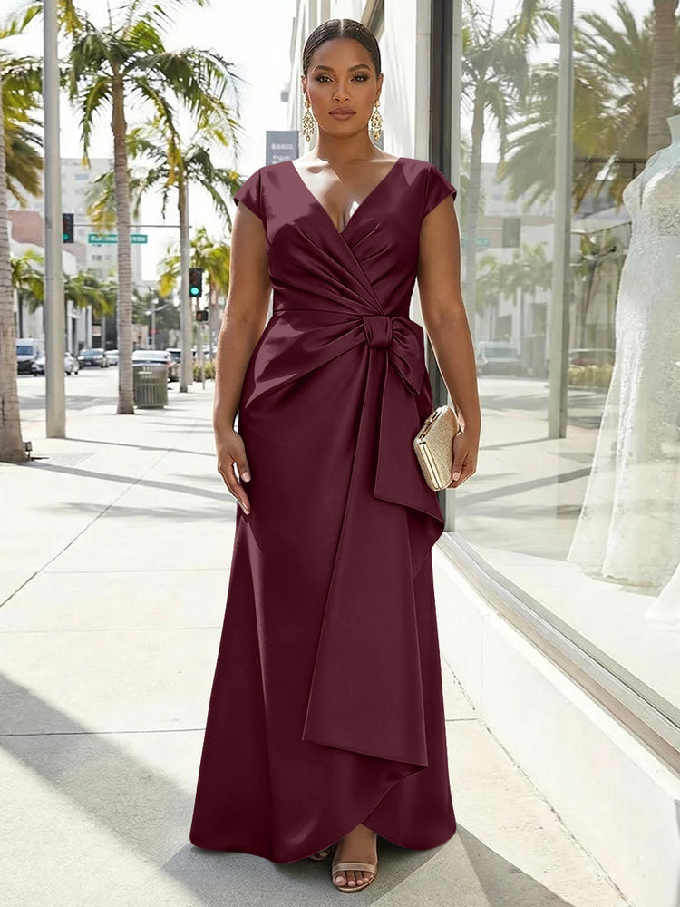 V-Neck Satin Short Sleeves Plus Size Formal Dresses with Bow