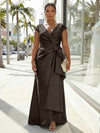 V-Neck Satin Short Sleeves Plus Size Formal Dresses with Bow