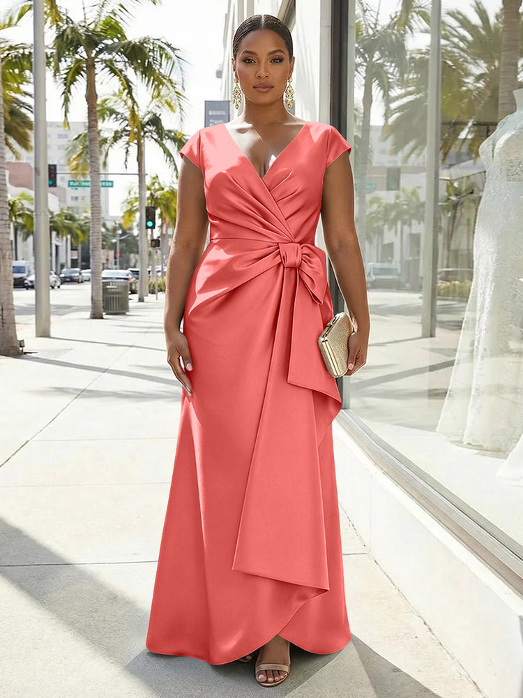 V-Neck Satin Short Sleeves Plus Size Formal Dresses with Bow