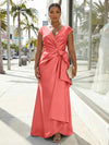 V-Neck Satin Short Sleeves Plus Size Formal Dresses with Bow