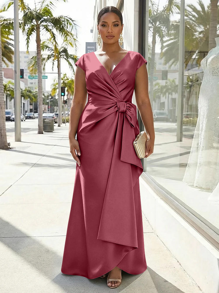 V-Neck Satin Short Sleeves Plus Size Formal Dresses with Bow