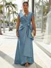 V-Neck Satin Short Sleeves Plus Size Formal Dresses with Bow