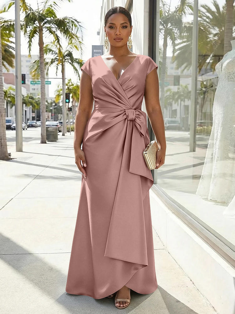 V-Neck Satin Short Sleeves Plus Size Formal Dresses with Bow