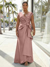 V-Neck Satin Short Sleeves Plus Size Formal Dresses with Bow
