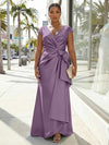 V-Neck Satin Short Sleeves Plus Size Formal Dresses with Bow