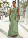 V-Neck Satin Short Sleeves Plus Size Formal Dresses with Bow