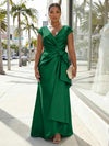 V-Neck Satin Short Sleeves Plus Size Formal Dresses with Bow