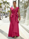 V-Neck Satin Short Sleeves Plus Size Formal Dresses with Bow