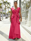 V-Neck Satin Short Sleeves Plus Size Formal Dresses with Bow