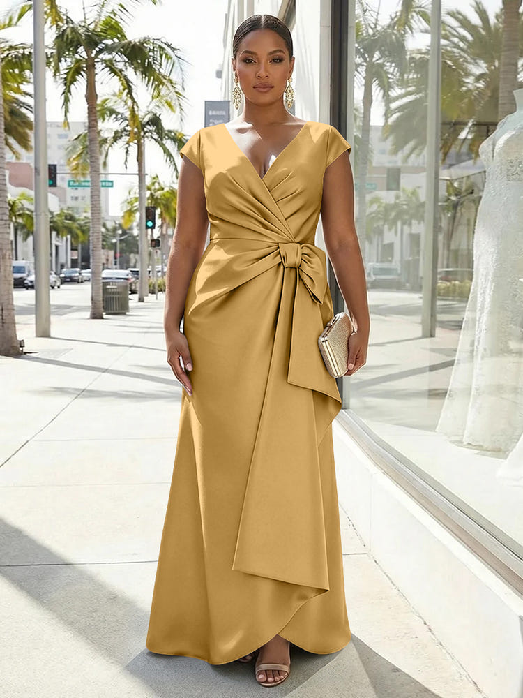 V-Neck Satin Short Sleeves Plus Size Formal Dresses with Bow