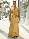 V-Neck Satin Short Sleeves Plus Size Formal Dresses with Bow