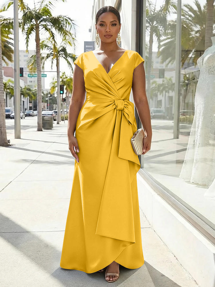V-Neck Satin Short Sleeves Plus Size Formal Dresses with Bow