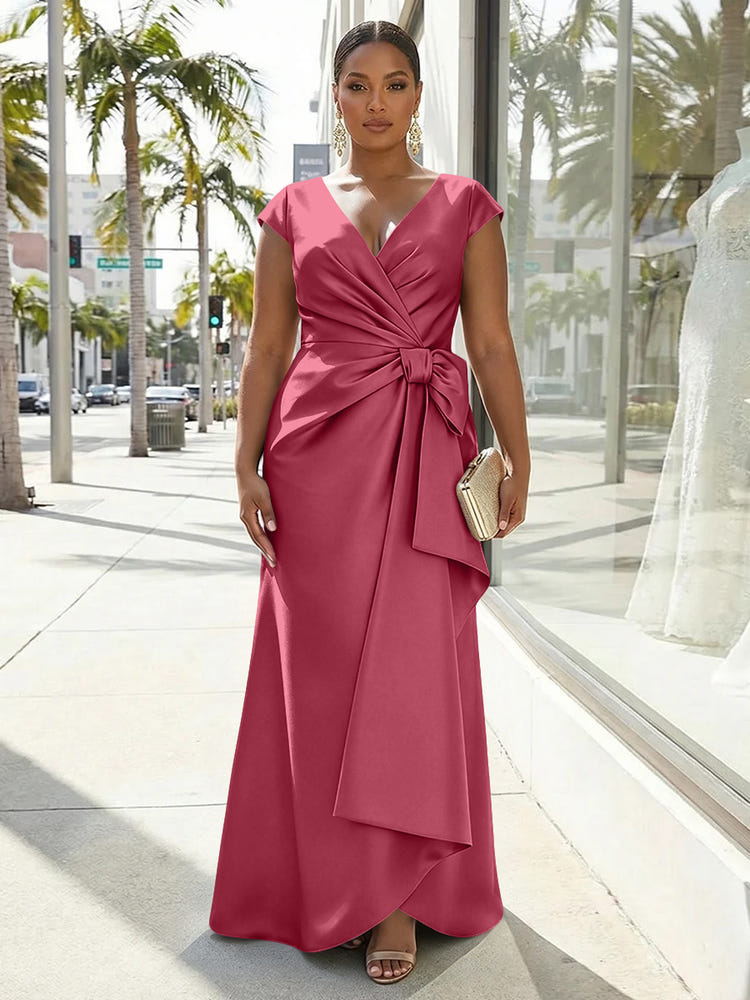 V-Neck Satin Short Sleeves Plus Size Formal Dresses with Bow