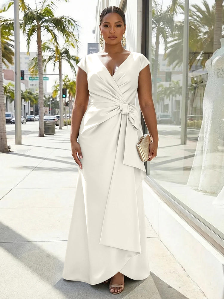 V-Neck Satin Short Sleeves Plus Size Formal Dresses with Bow