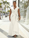 V-Neck Satin Short Sleeves Plus Size Formal Dresses with Bow