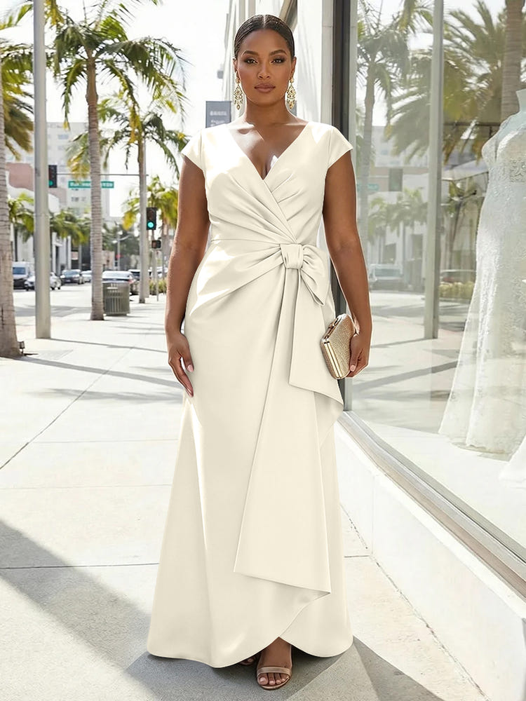 V-Neck Satin Short Sleeves Plus Size Formal Dresses with Bow