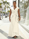 V-Neck Satin Short Sleeves Plus Size Formal Dresses with Bow