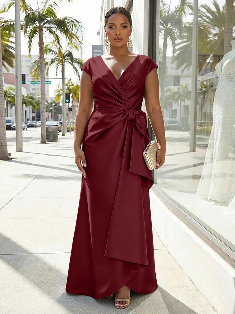V-Neck Satin Short Sleeves Plus Size Formal Dresses with Bow