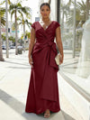 V-Neck Satin Short Sleeves Plus Size Formal Dresses with Bow