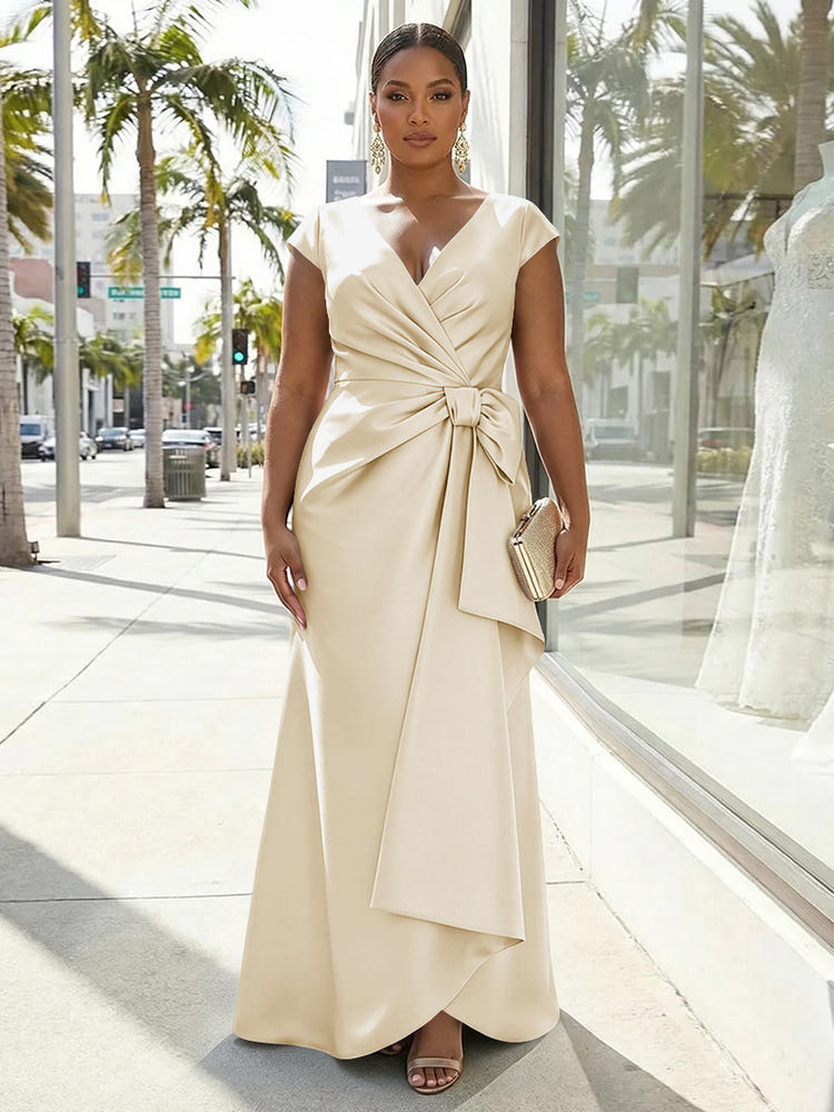 V-Neck Satin Short Sleeves Plus Size Formal Dresses with Bow
