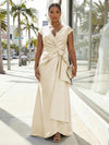 V-Neck Satin Short Sleeves Plus Size Formal Dresses with Bow