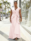V-Neck Satin Short Sleeves Plus Size Formal Dresses with Bow