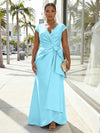 V-Neck Satin Short Sleeves Plus Size Formal Dresses with Bow