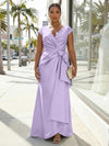 V-Neck Satin Short Sleeves Plus Size Formal Dresses with Bow