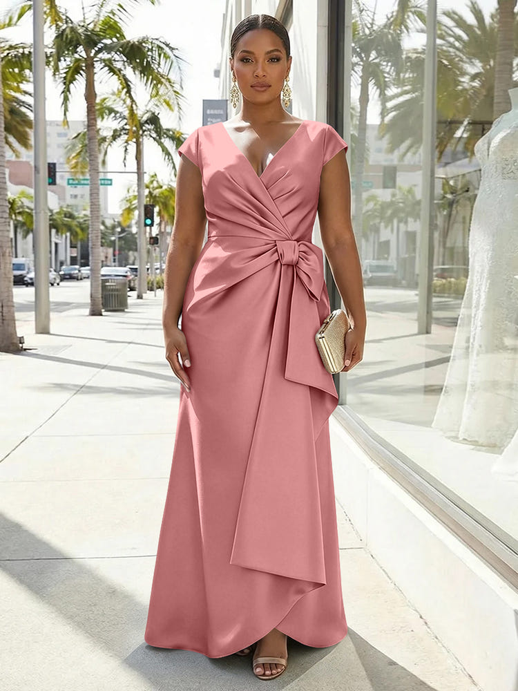 V-Neck Satin Short Sleeves Plus Size Formal Dresses with Bow