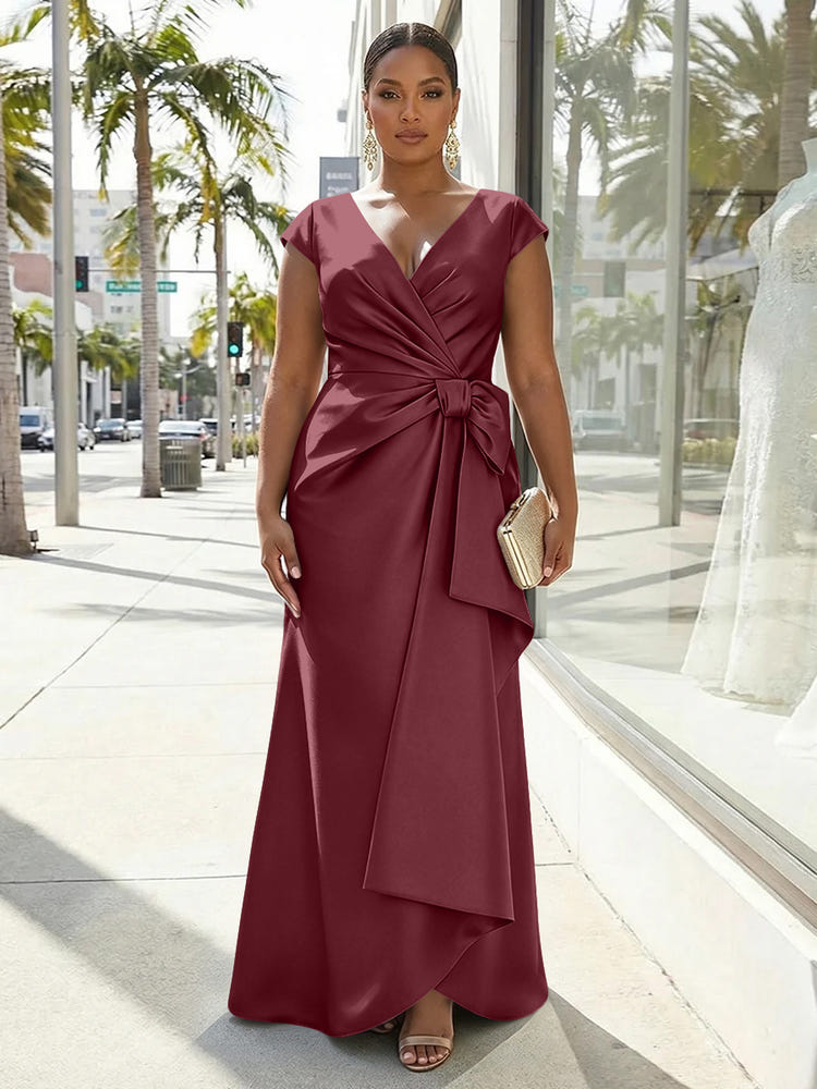 V-Neck Satin Short Sleeves Plus Size Formal Dresses with Bow
