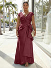 V-Neck Satin Short Sleeves Plus Size Formal Dresses with Bow