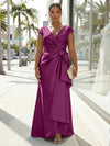 V-Neck Satin Short Sleeves Plus Size Formal Dresses with Bow