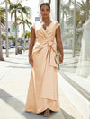 V-Neck Satin Short Sleeves Plus Size Formal Dresses with Bow