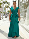 V-Neck Satin Short Sleeves Plus Size Formal Dresses with Bow