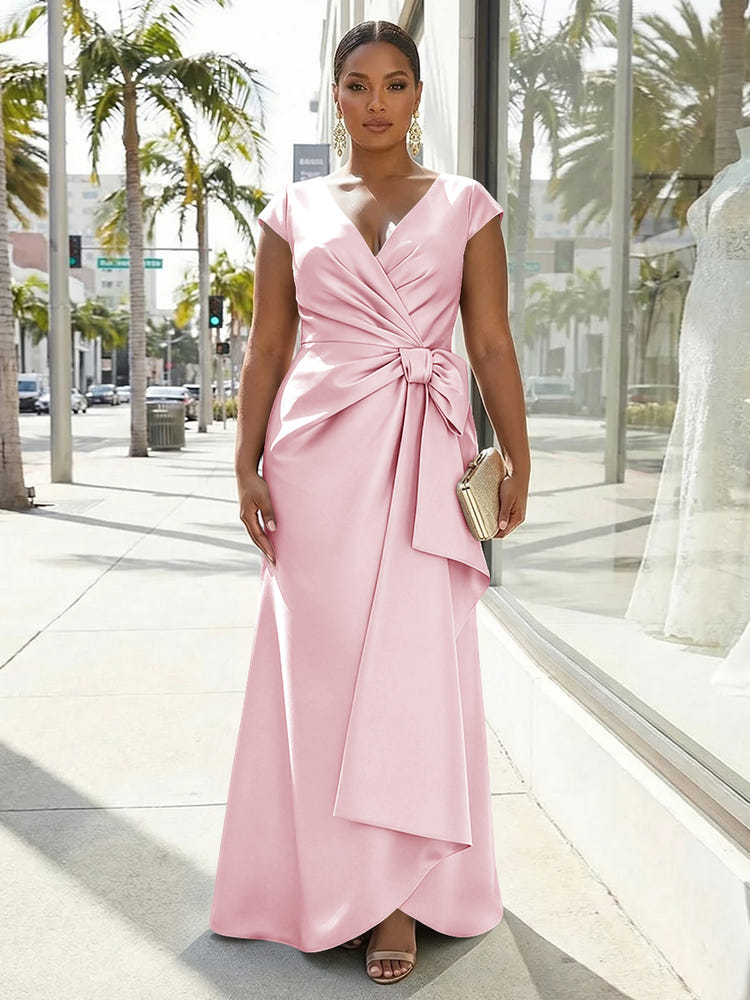 V-Neck Satin Short Sleeves Plus Size Formal Dresses with Bow