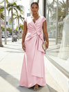 V-Neck Satin Short Sleeves Plus Size Formal Dresses with Bow