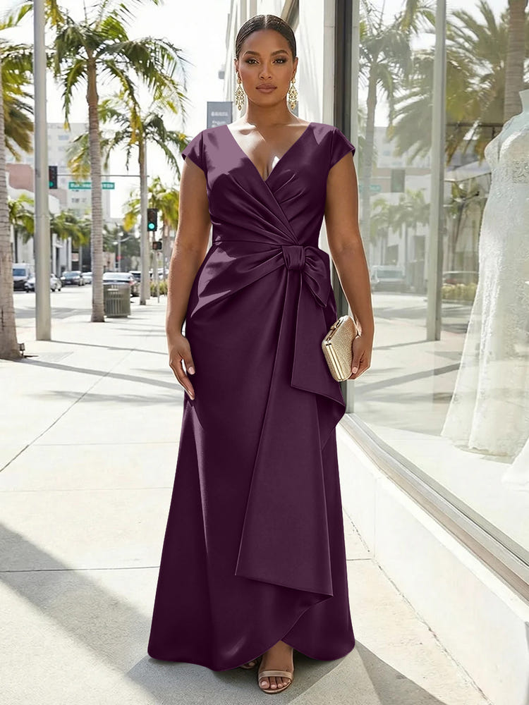 V-Neck Satin Short Sleeves Plus Size Formal Dresses with Bow