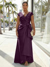 V-Neck Satin Short Sleeves Plus Size Formal Dresses with Bow
