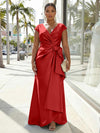 V-Neck Satin Short Sleeves Plus Size Formal Dresses with Bow